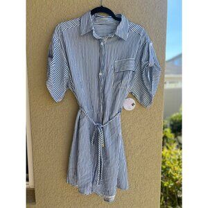 Women’s blue striped shorts romper jumpsuit button down waist-tie collard MEDIUM